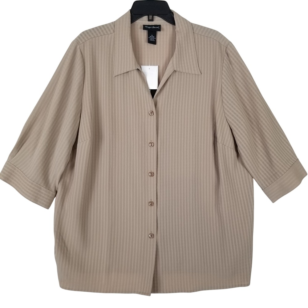 Maggie Barnes Womens 1X Tan Textured Pinstripe Button Up Blouse 3/4 Sleeve NEW‎
